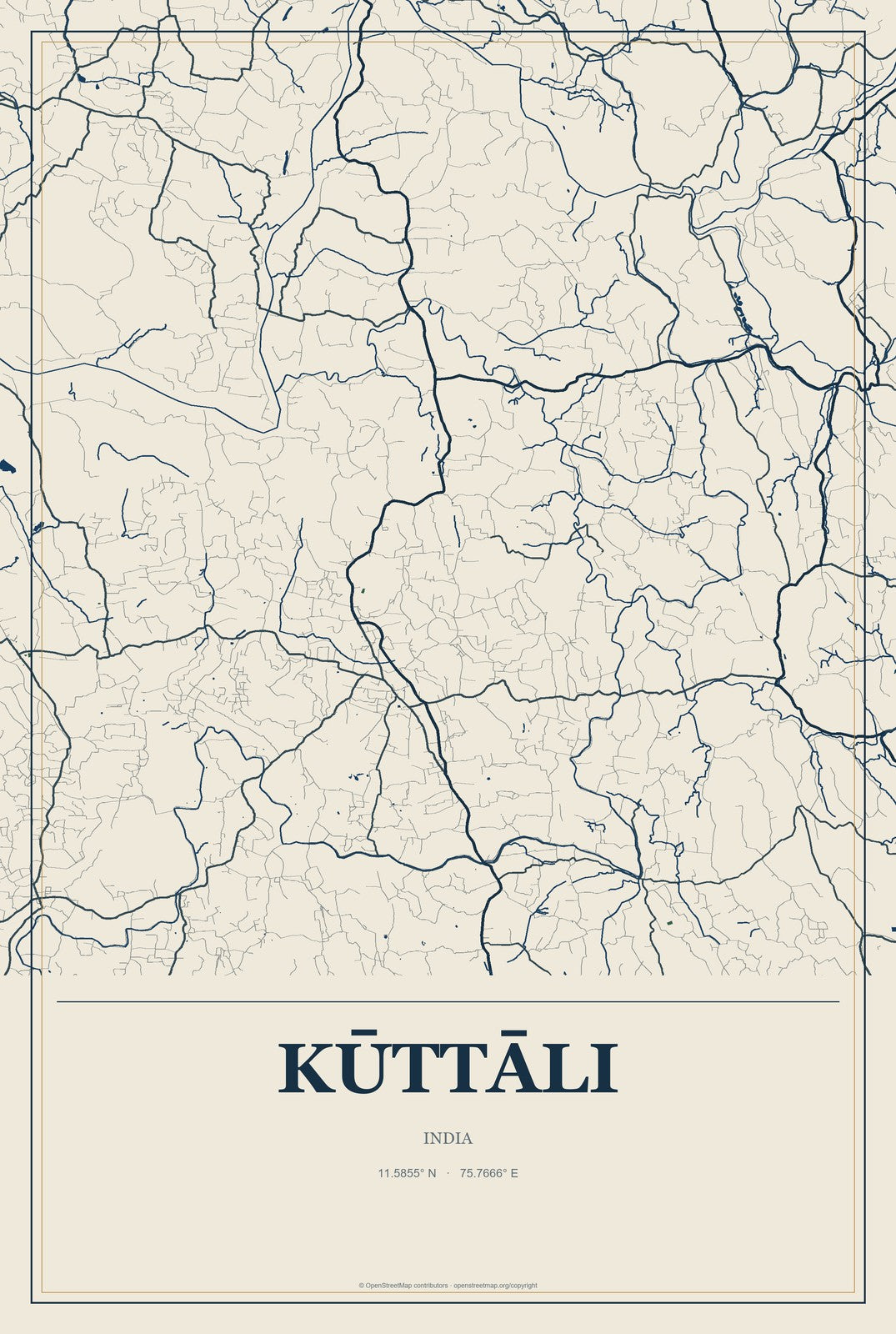 Kūttāli, India City Map Aluminum Sign in Coastal Cutout style