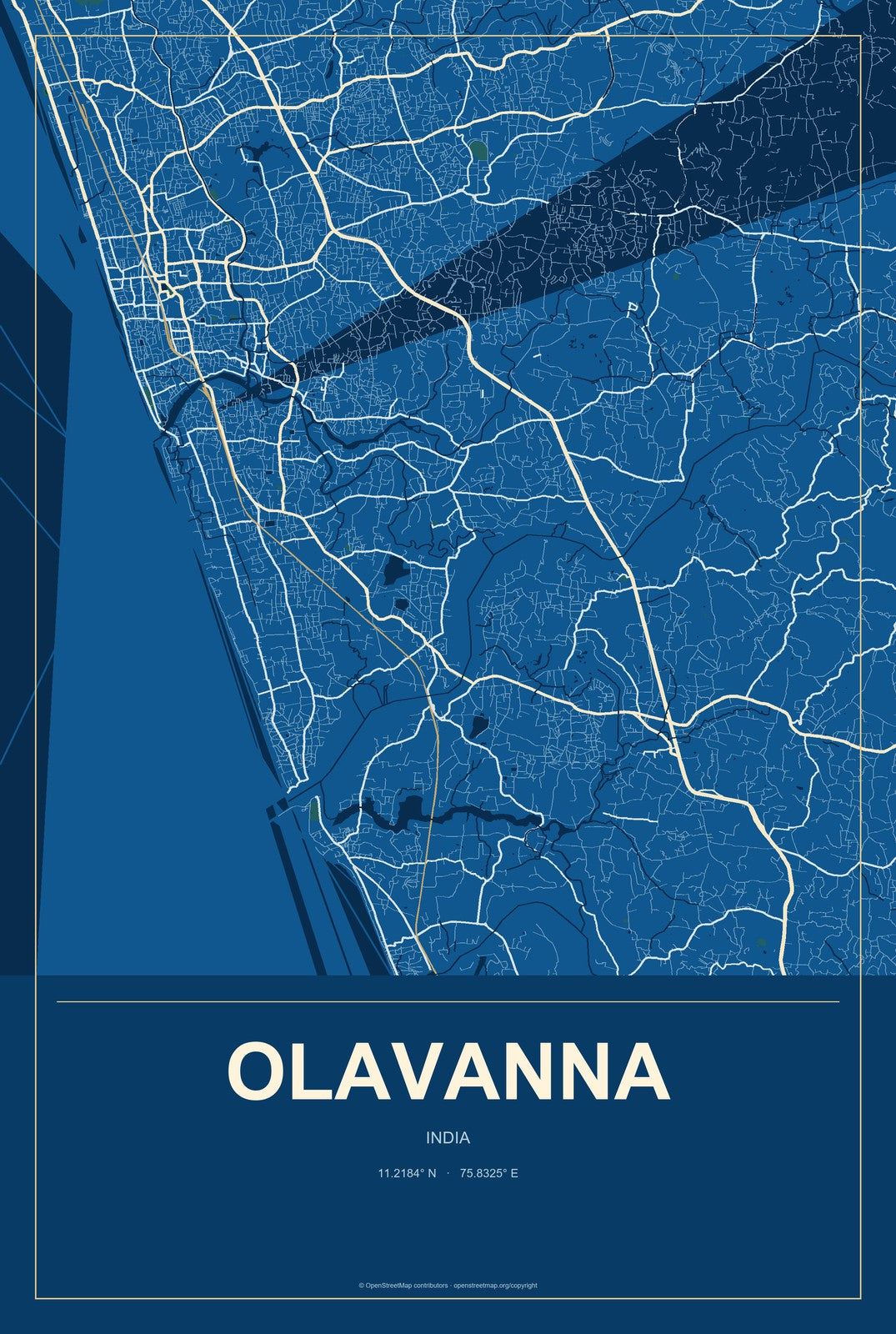 Olavanna, India City Map Aluminum Sign in Harbor Cobalt style
