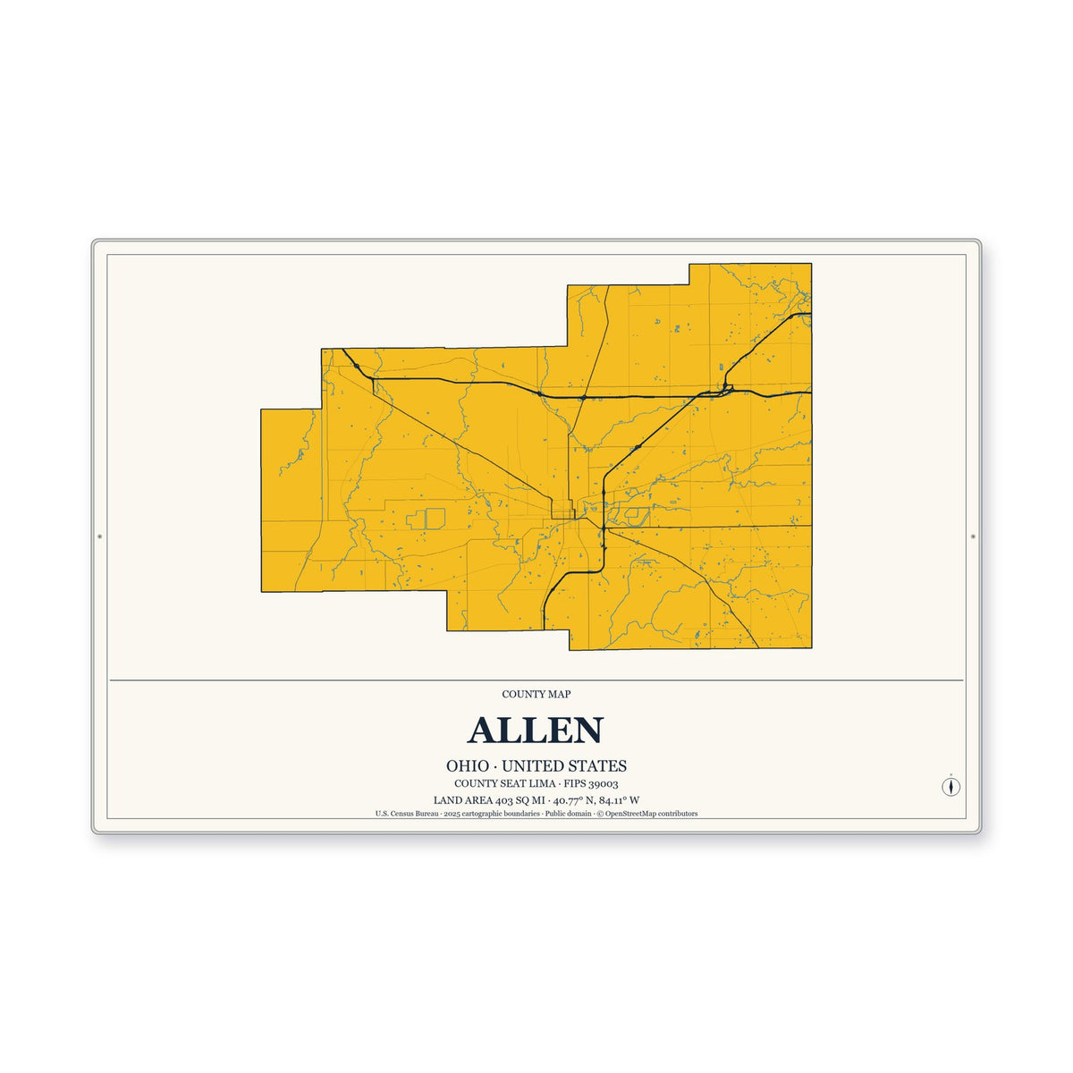 Allen County, Ohio Map Aluminum Sign in Citrine Modern style