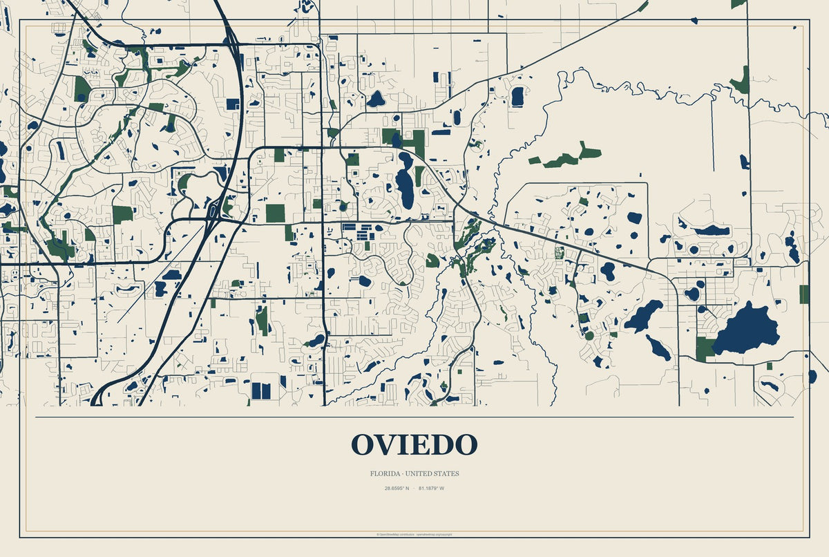 Oviedo, Florida City Map Aluminum Sign in Coastal Cutout style
