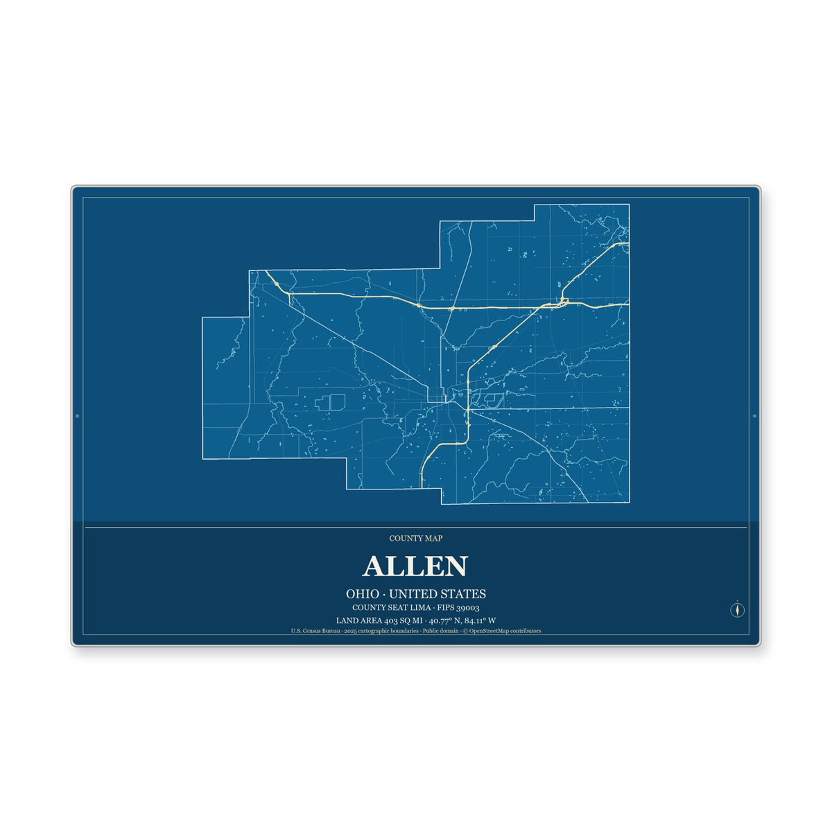 Allen County, Ohio Map Aluminum Sign in Harbor Cobalt style
