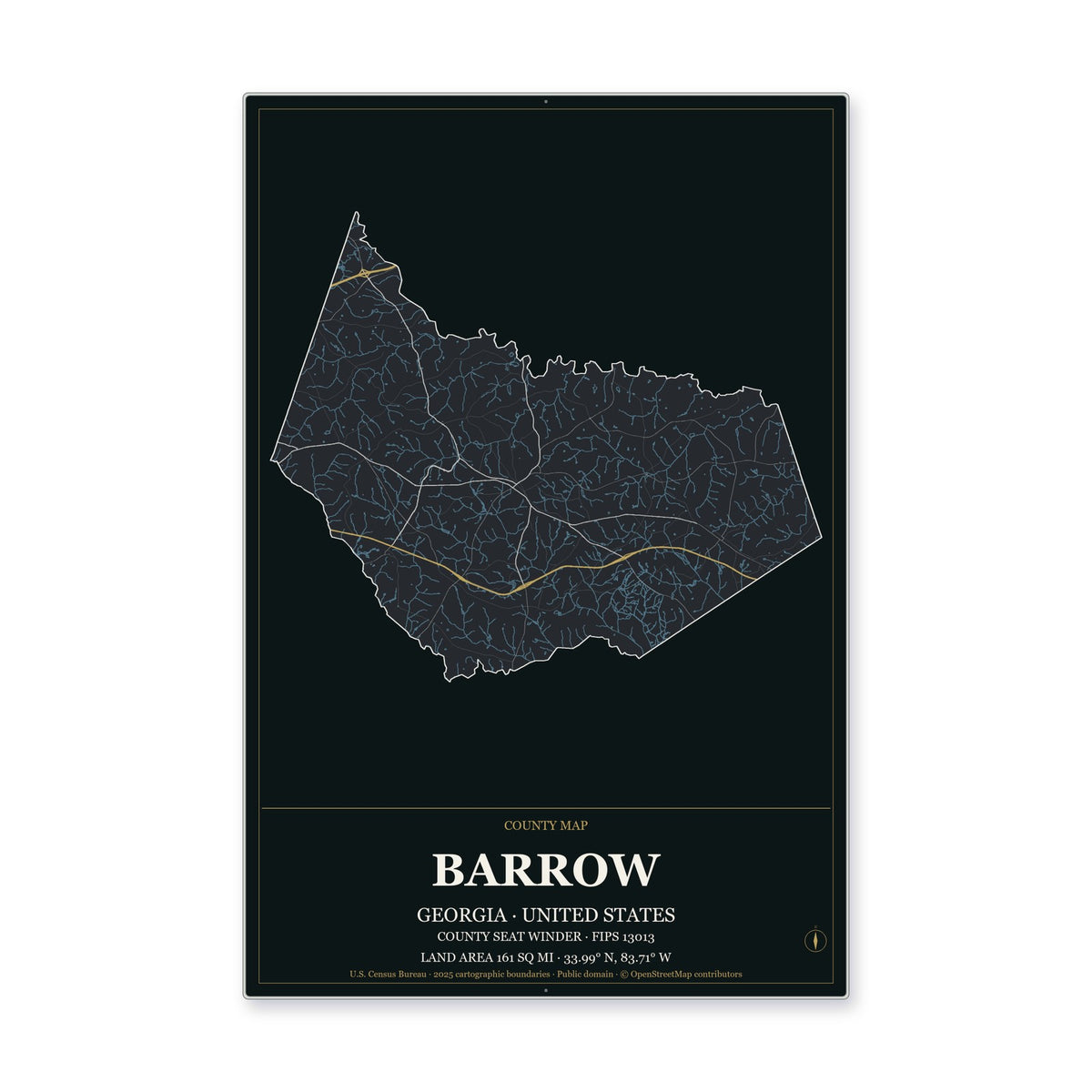 Barrow County, Georgia Map Aluminum Sign in Metropolitan Noir style