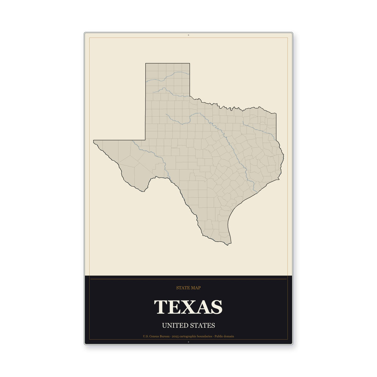 Texas state map aluminum sign in Museum Plaque style