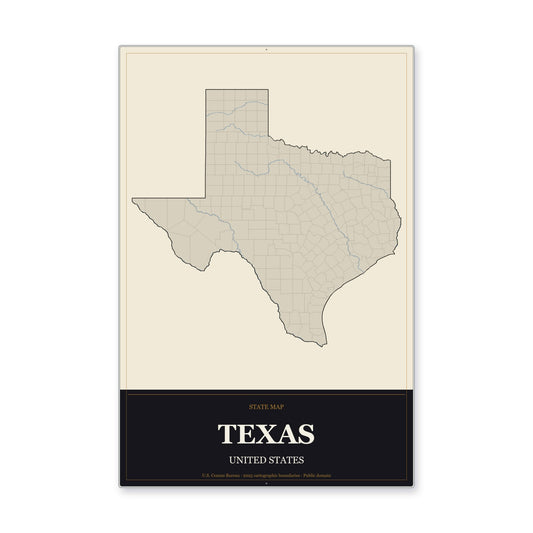 Texas state map aluminum sign in Museum Plaque style