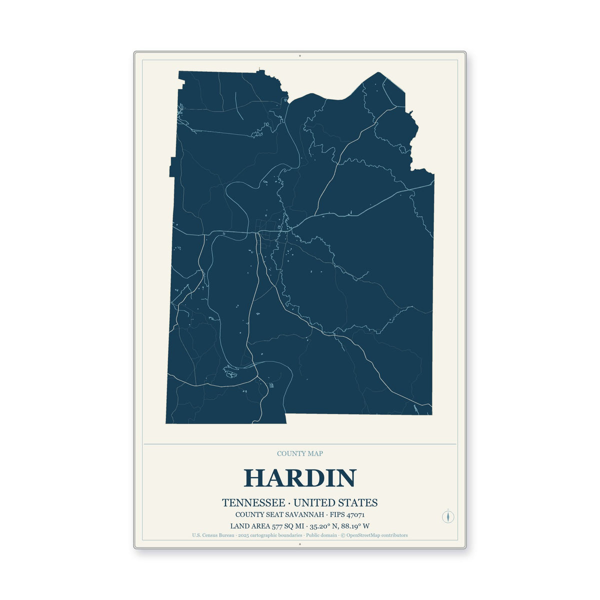 Hardin County, Tennessee Map Aluminum Sign in Coastal Cutout style