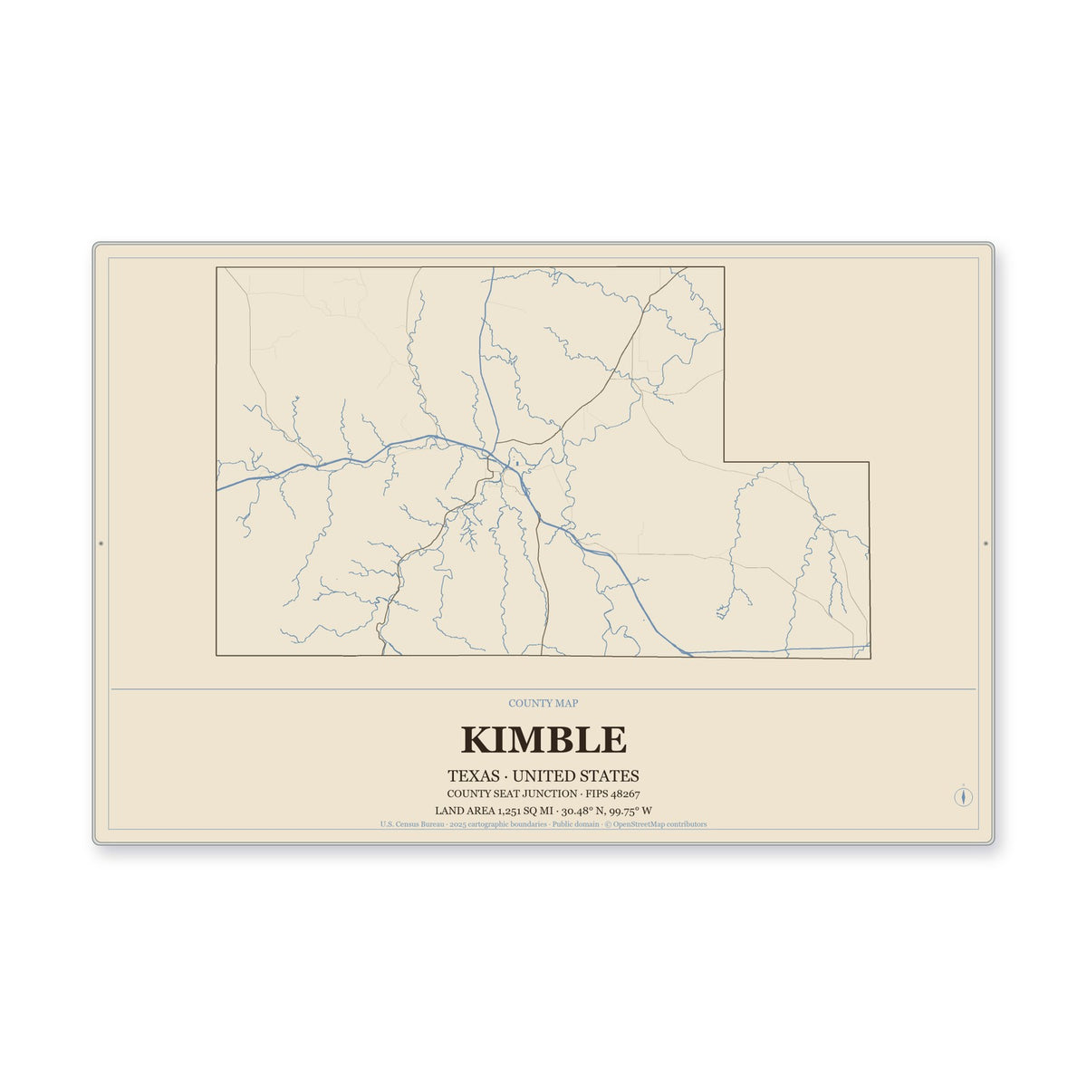 Kimble County, Texas Map Aluminum Sign in Heritage Nautical style