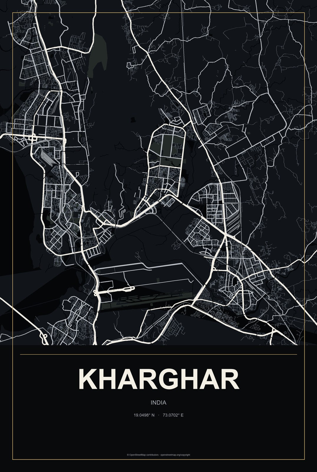 Kharghar, India City Map Aluminum Sign in Metropolitan Noir style