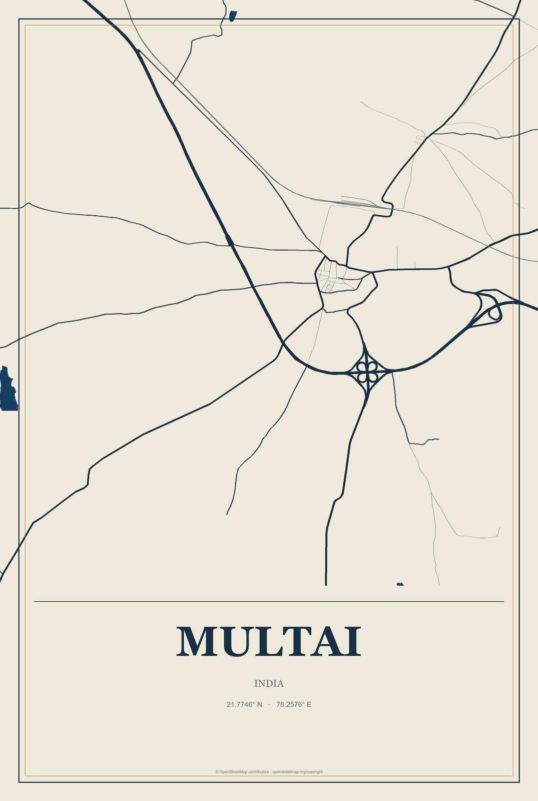 Multai, India City Map Aluminum Sign in Coastal Cutout style