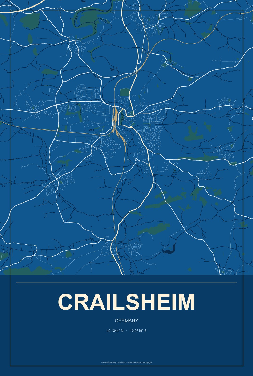 Crailsheim, Germany City Map Aluminum Sign in Harbor Cobalt style