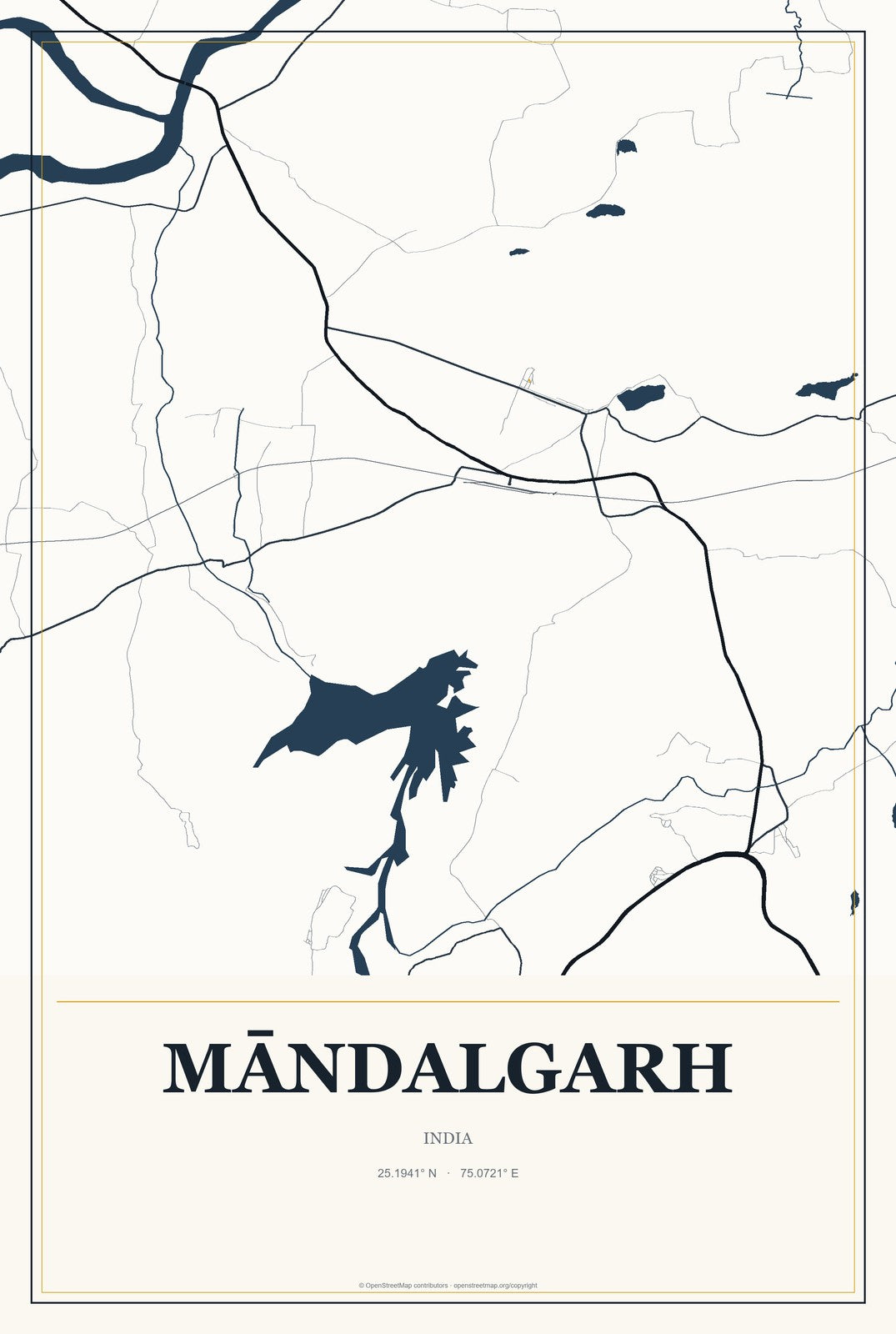 Māndalgarh, India City Map Aluminum Sign in Citrine Modern style