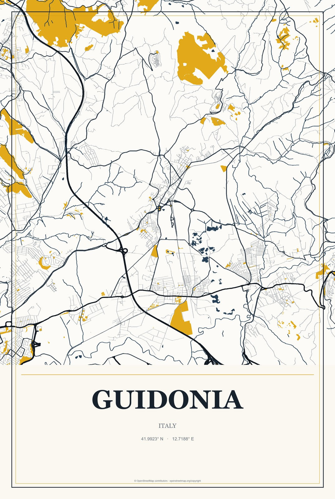 Guidonia, Italy City Map Aluminum Sign in Citrine Modern style