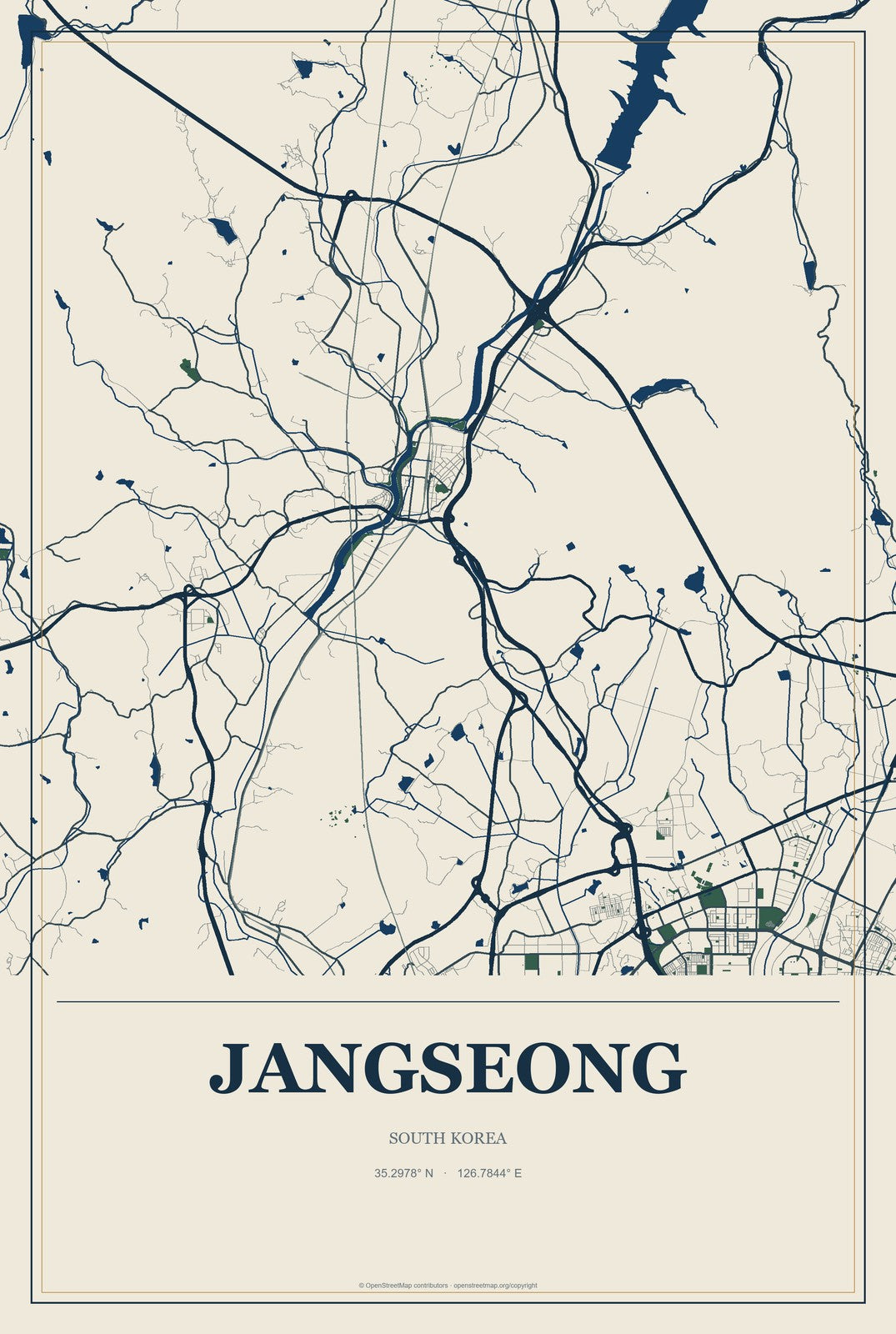 Jangseong, South Korea City Map Aluminum Sign in Coastal Cutout style