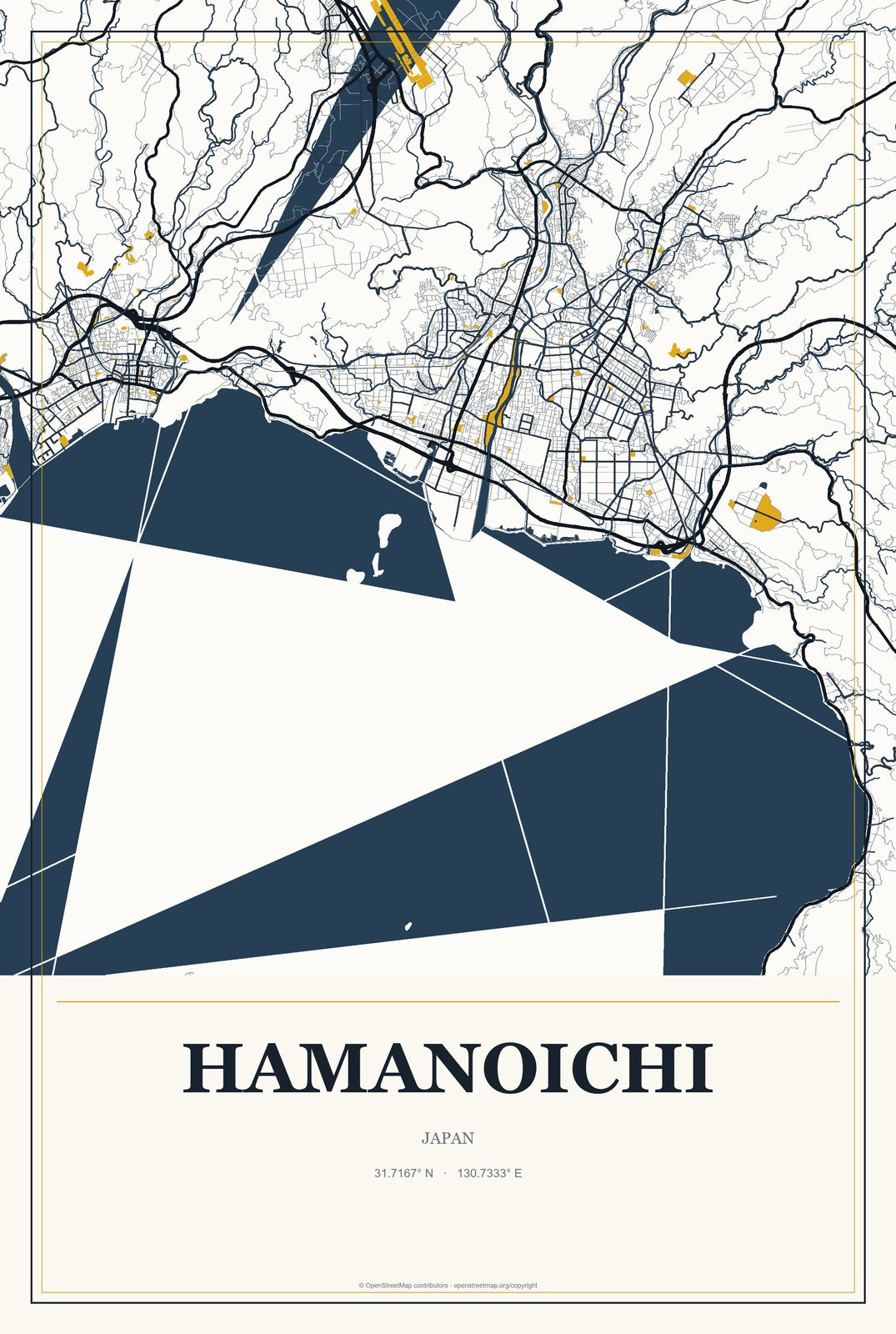 Hamanoichi, Japan City Map Aluminum Sign in Citrine Modern style