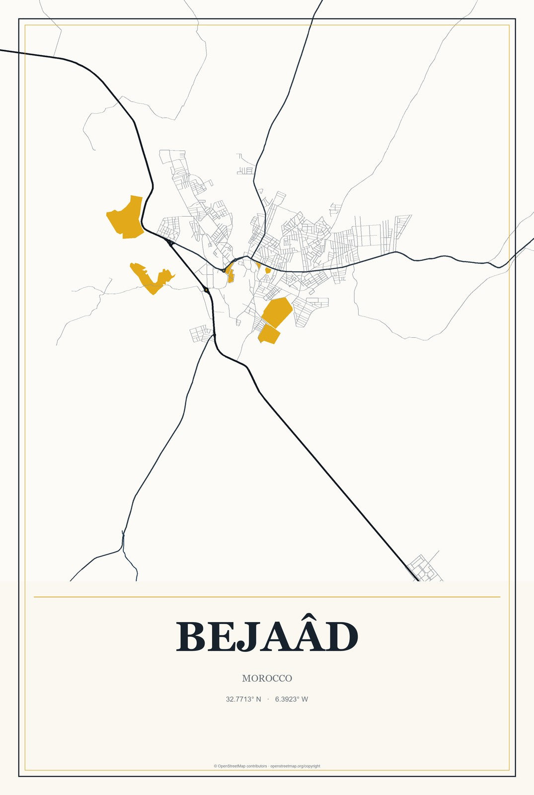 Bejaâd, Morocco City Map Aluminum Sign in Citrine Modern style