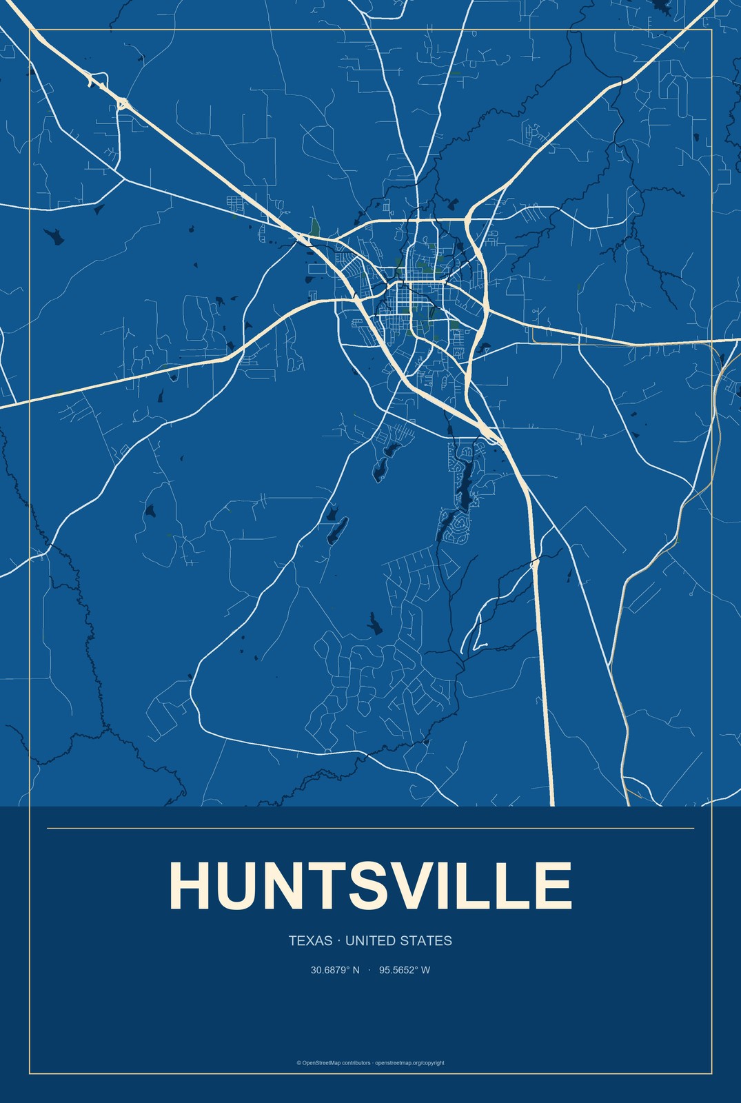Huntsville, Texas City Map Aluminum Sign in Harbor Cobalt style
