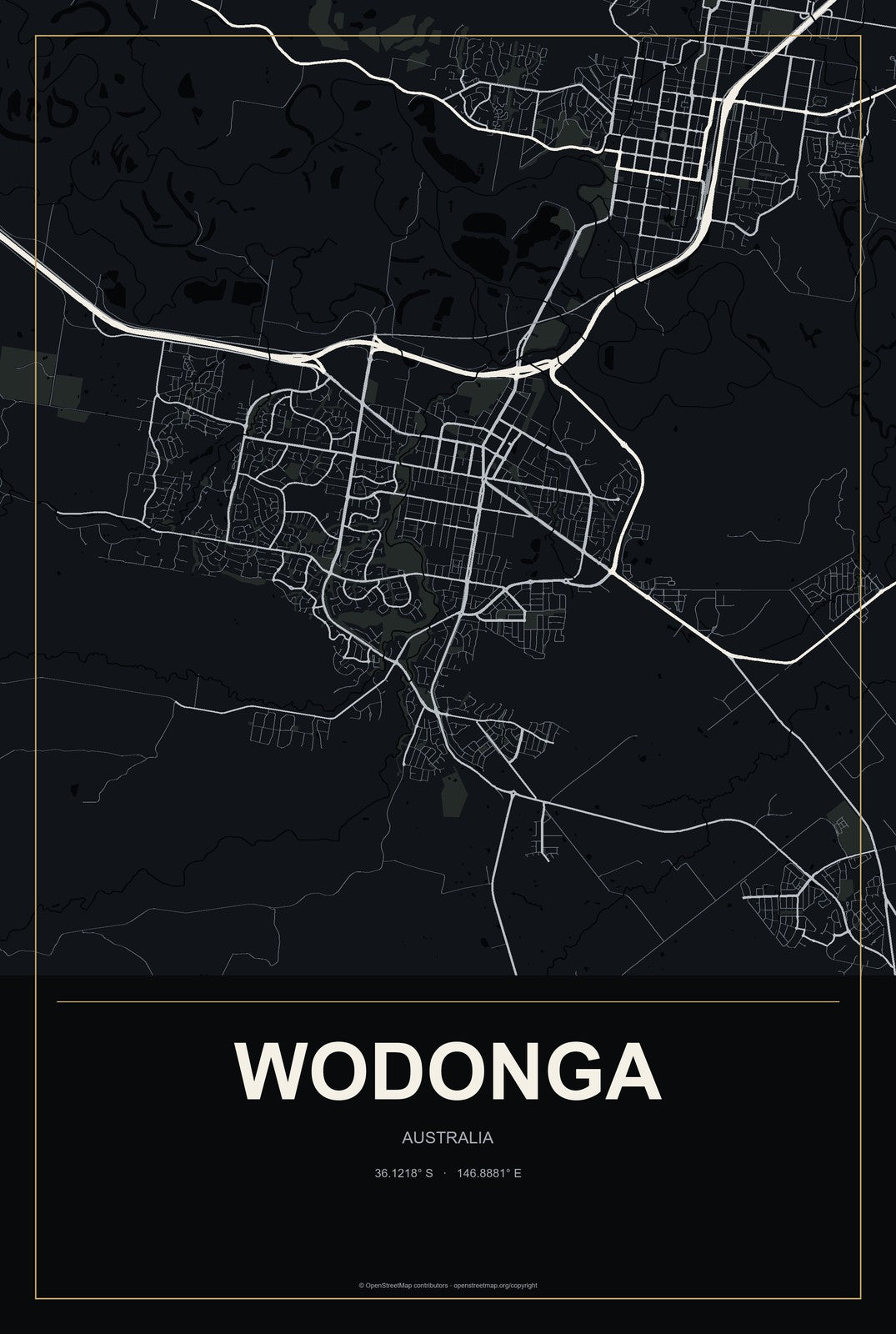 Wodonga, Australia City Map Aluminum Sign in Metropolitan Noir style