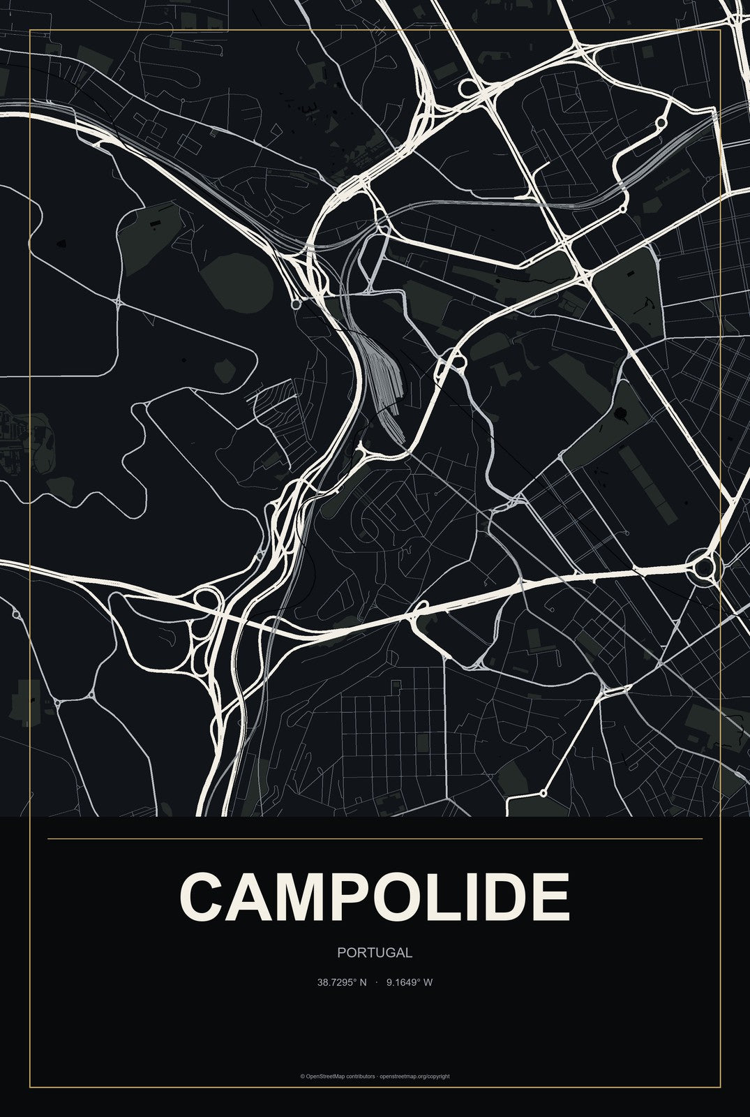 Campolide, Portugal City Map Aluminum Sign in Metropolitan Noir style