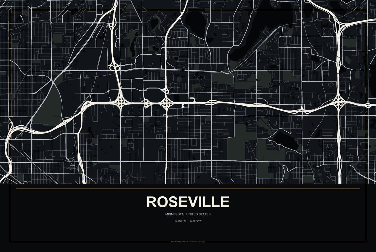 Roseville, Minnesota City Map Aluminum Sign in Metropolitan Noir style