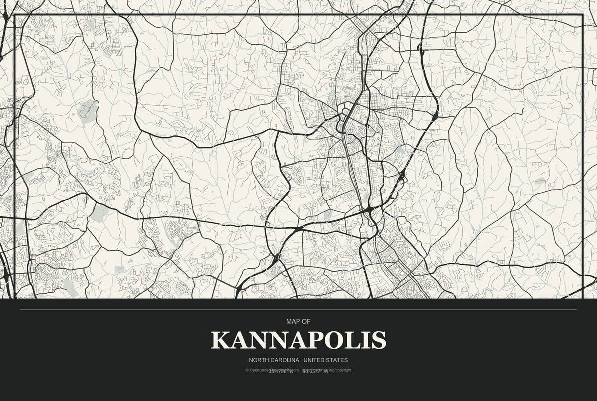 Kannapolis, North Carolina City Map Aluminum Sign in Museum Plaque style