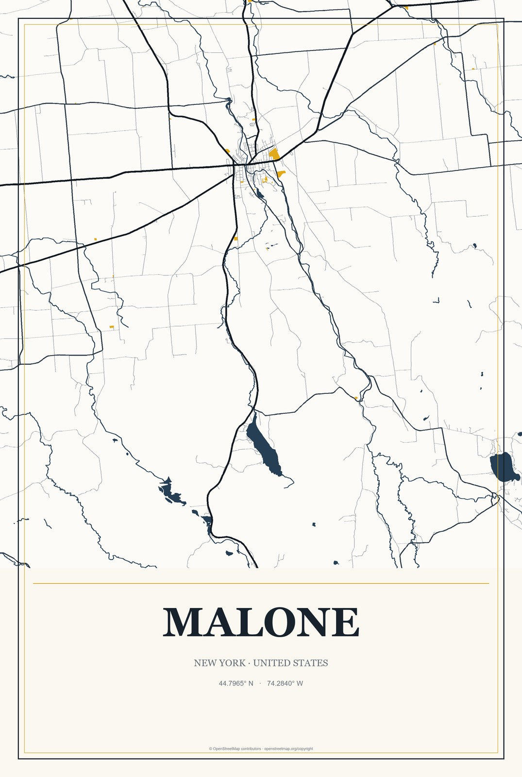 Malone, New York City Map Aluminum Sign in Citrine Modern style