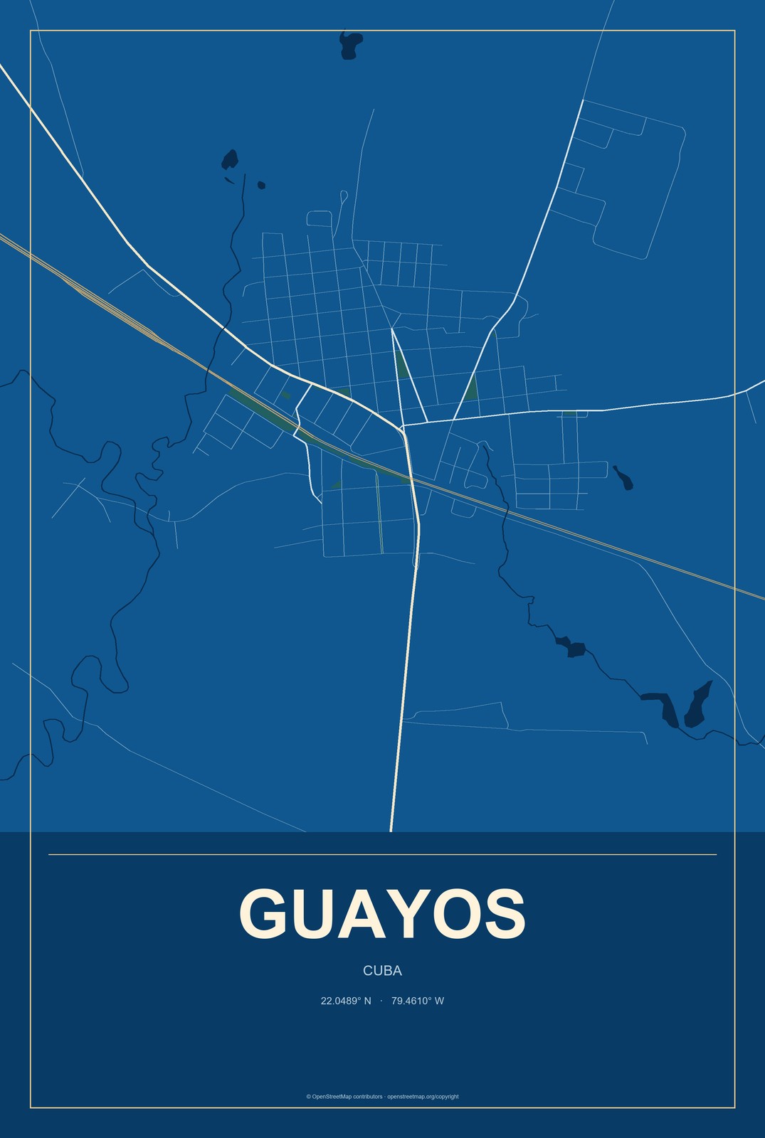 Guayos, Cuba City Map Aluminum Sign in Harbor Cobalt style