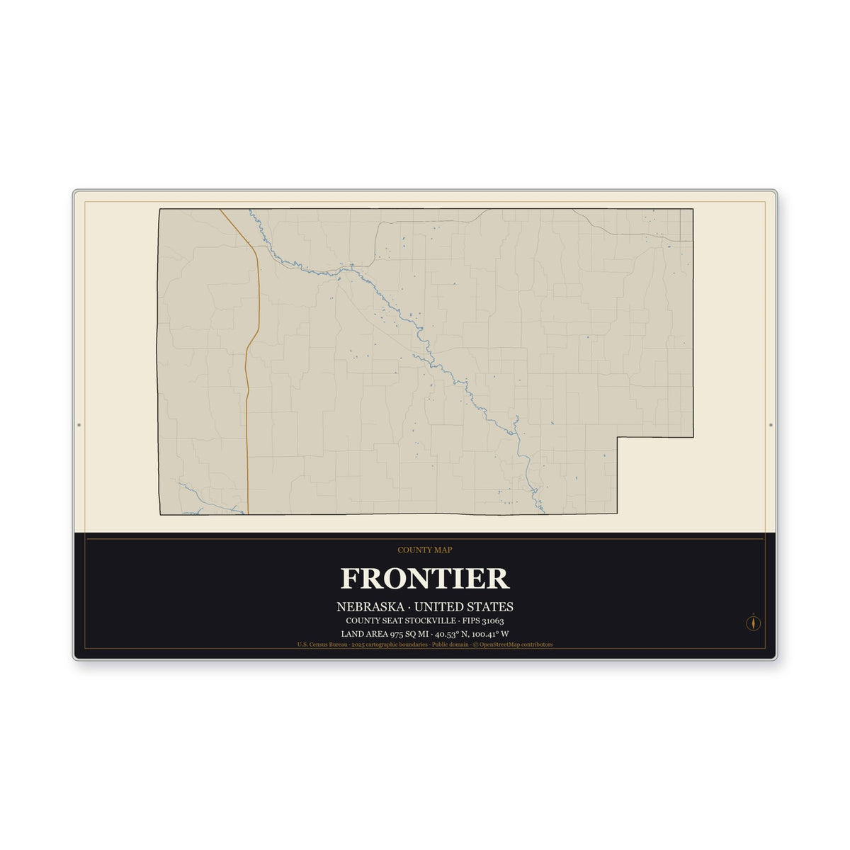 Frontier County, Nebraska Map Aluminum Sign in Museum Plaque style