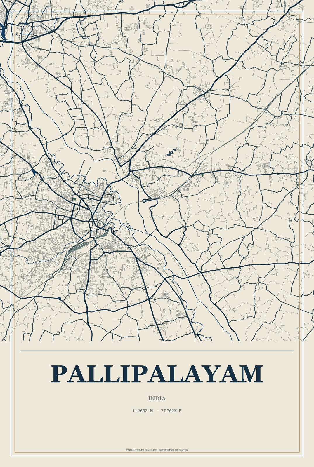 Pallipalayam, India City Map Aluminum Sign in Coastal Cutout style