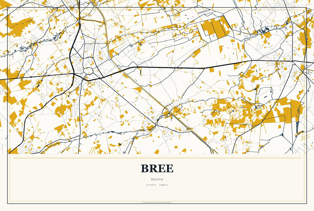 Bree, Belgium City Map Aluminum Sign in Citrine Modern style