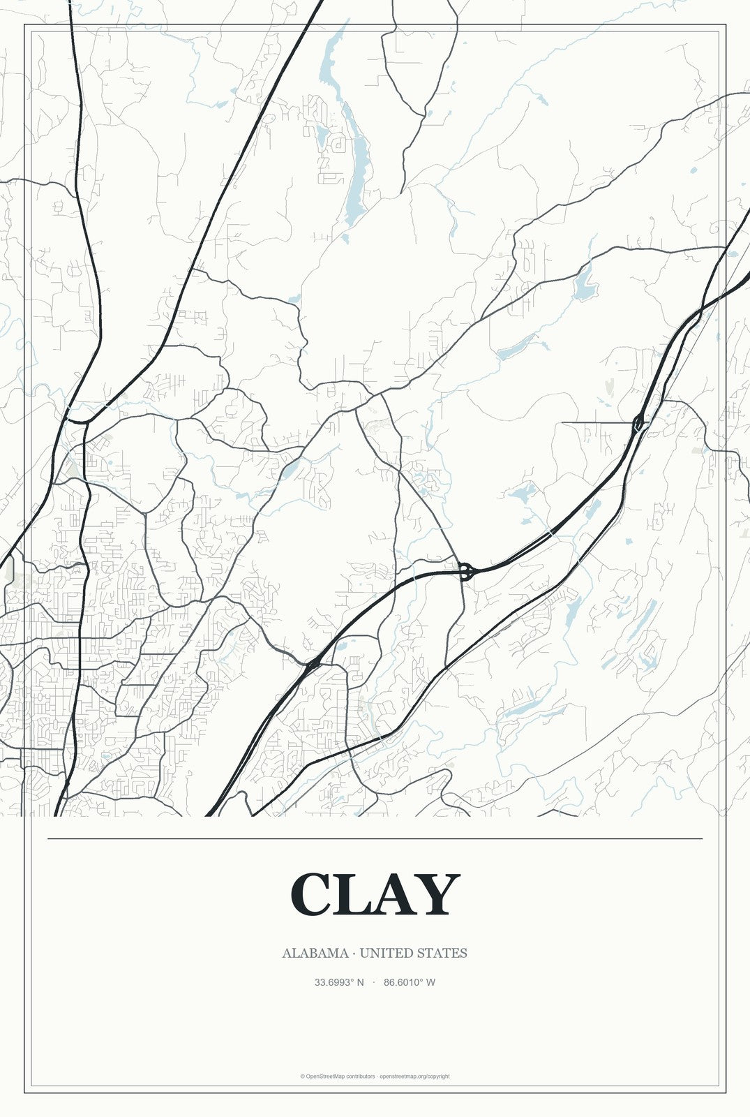 Clay, Alabama City Map Aluminum Sign in Gallery Air style
