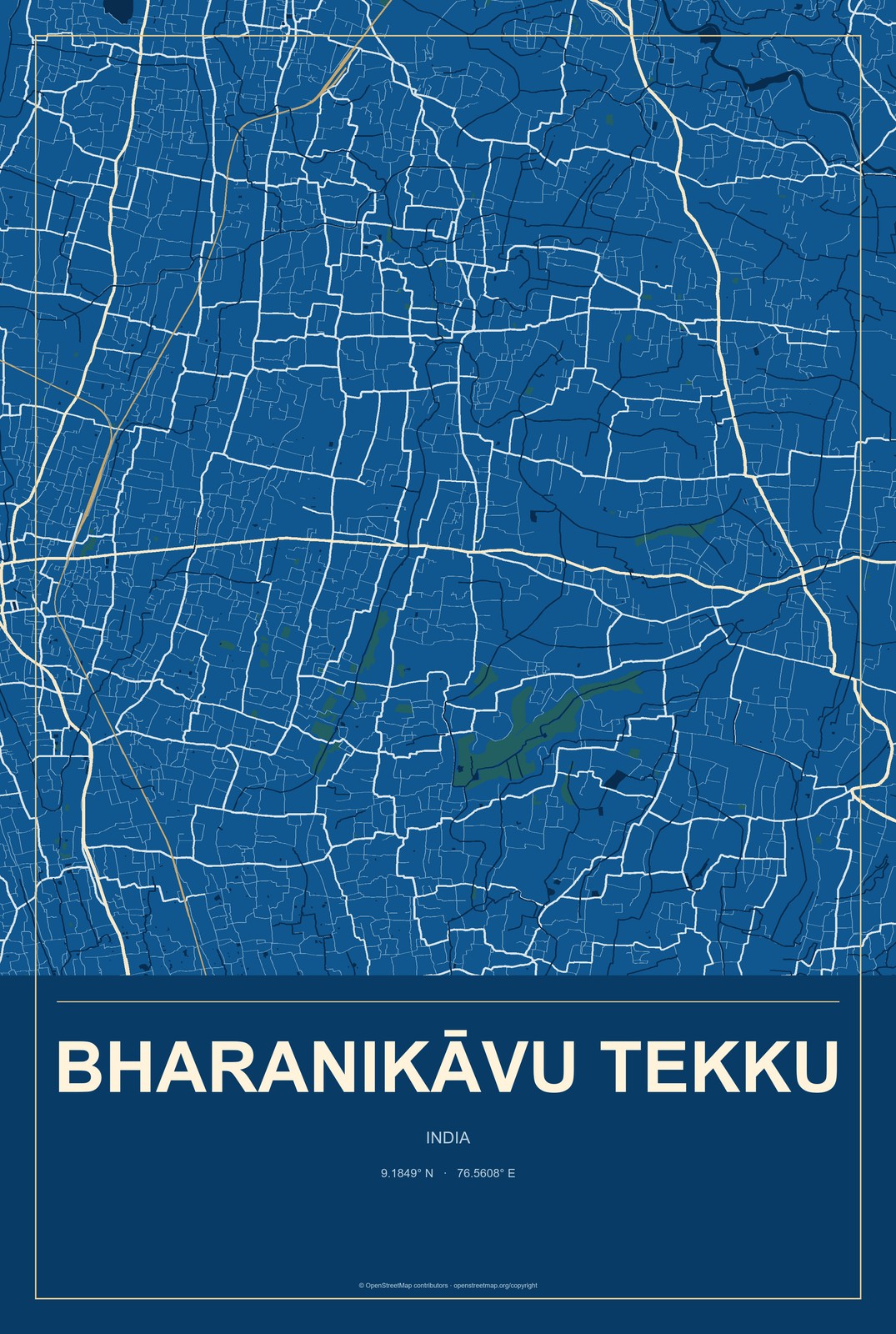 Bharanikāvu Tekku, India City Map Aluminum Sign in Harbor Cobalt style