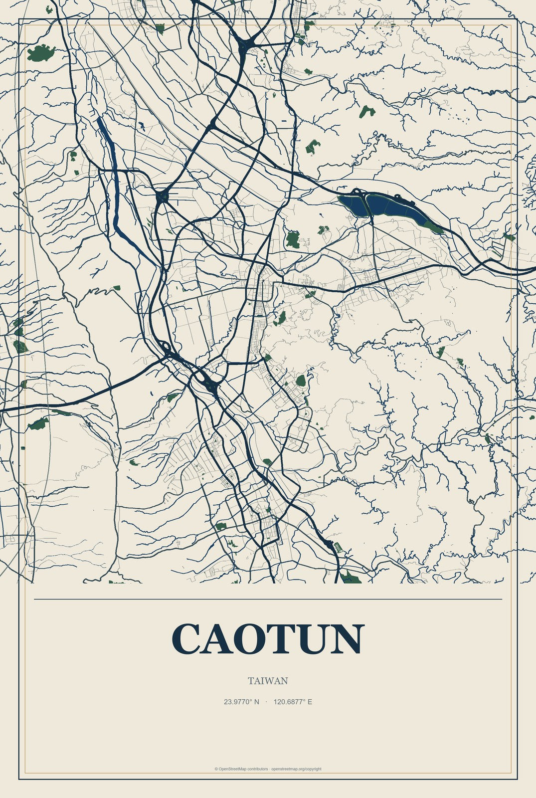 Caotun, Taiwan City Map Aluminum Sign in Coastal Cutout style