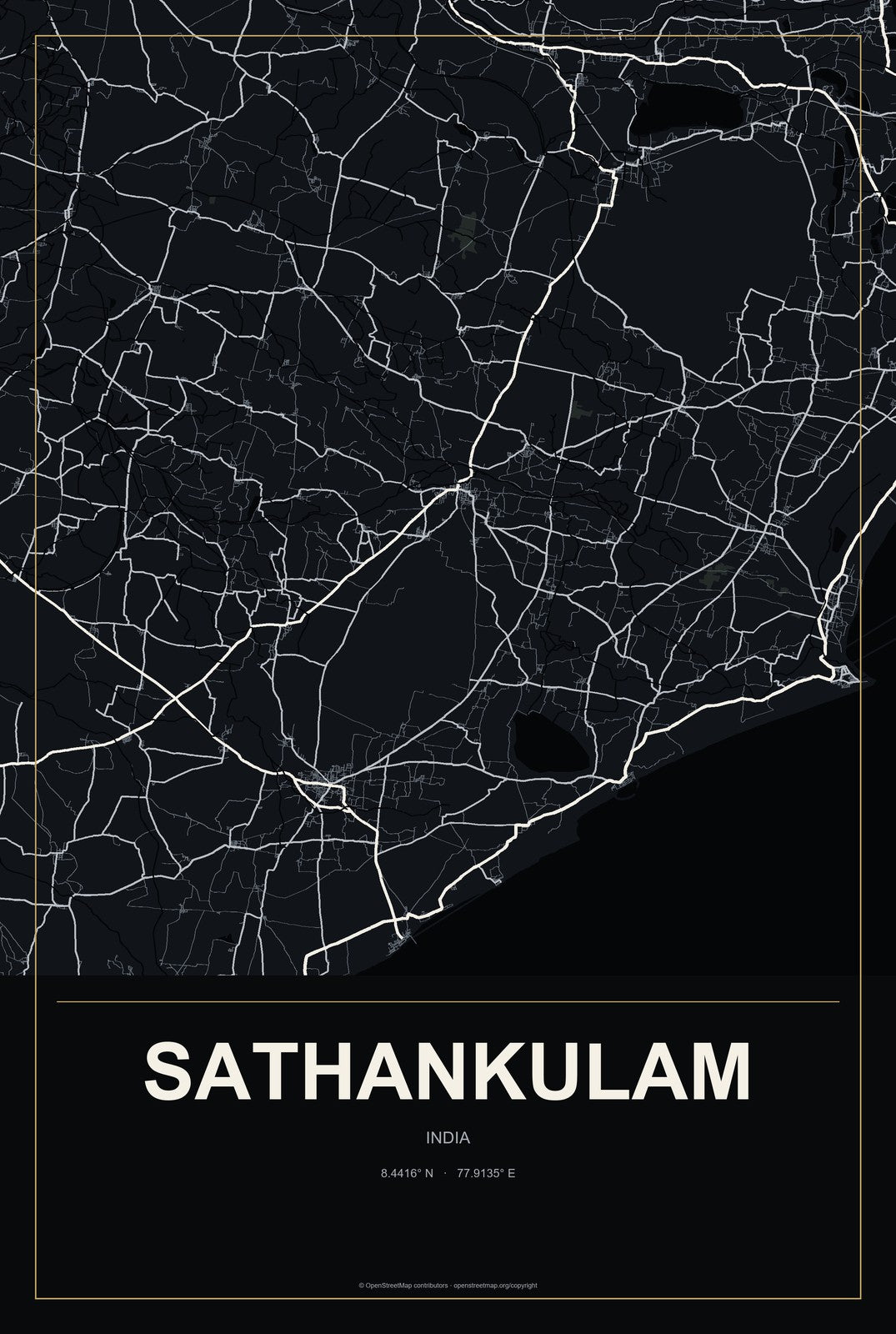 Sathankulam, India City Map Aluminum Sign in Metropolitan Noir style