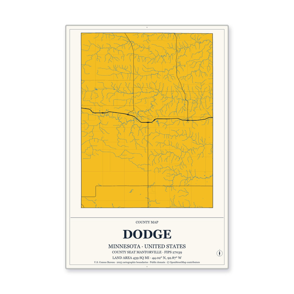Dodge County, Minnesota Map Aluminum Sign in Citrine Modern style