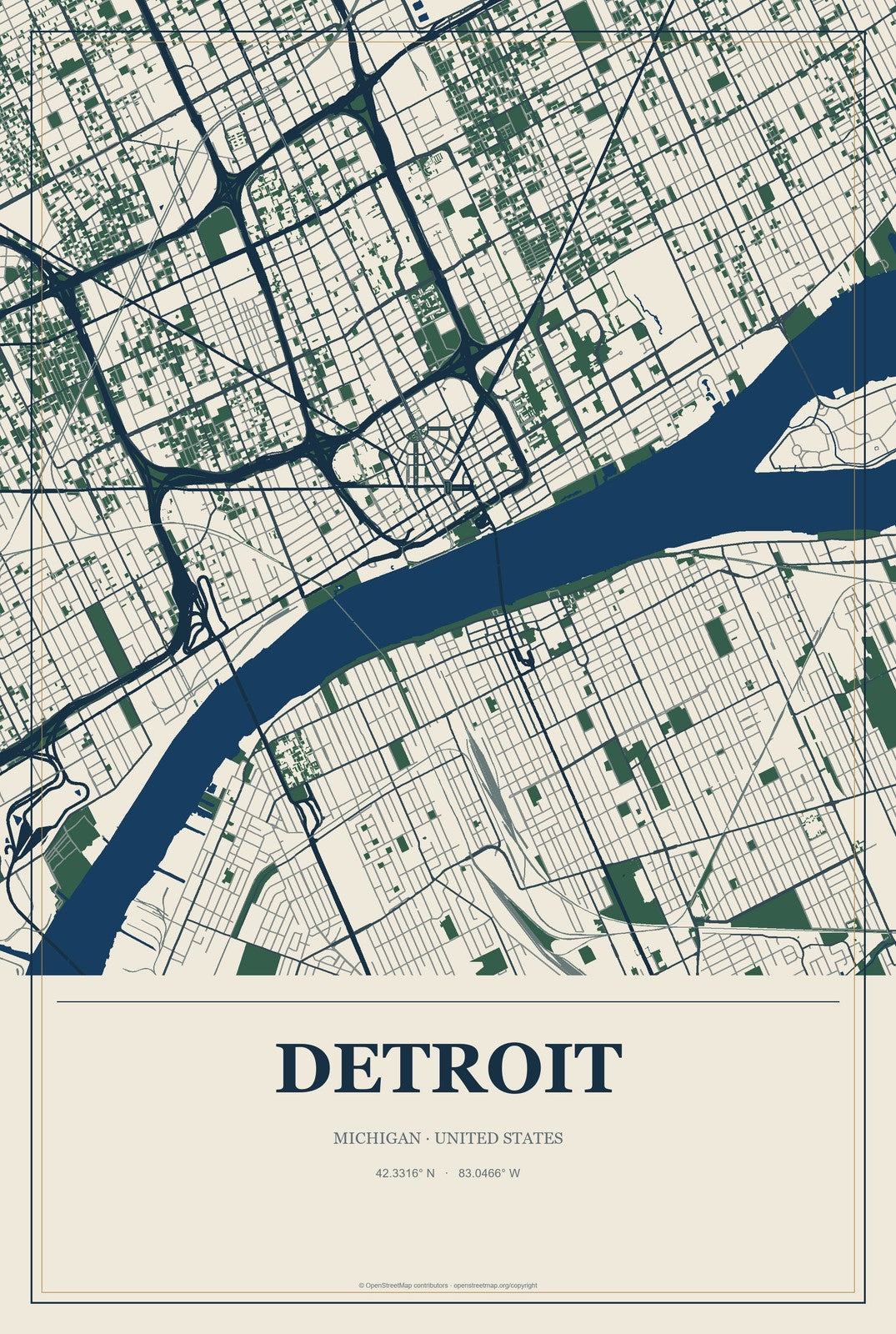 Detroit, Michigan City Map Aluminum Sign in Coastal Cutout style