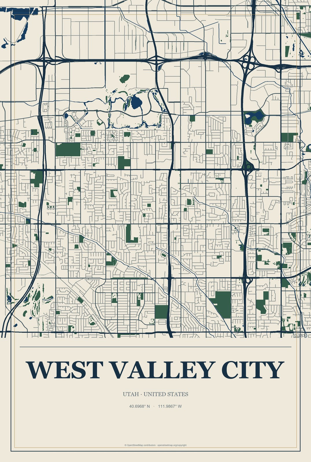 West Valley City, Utah City Map Aluminum Sign in Coastal Cutout style