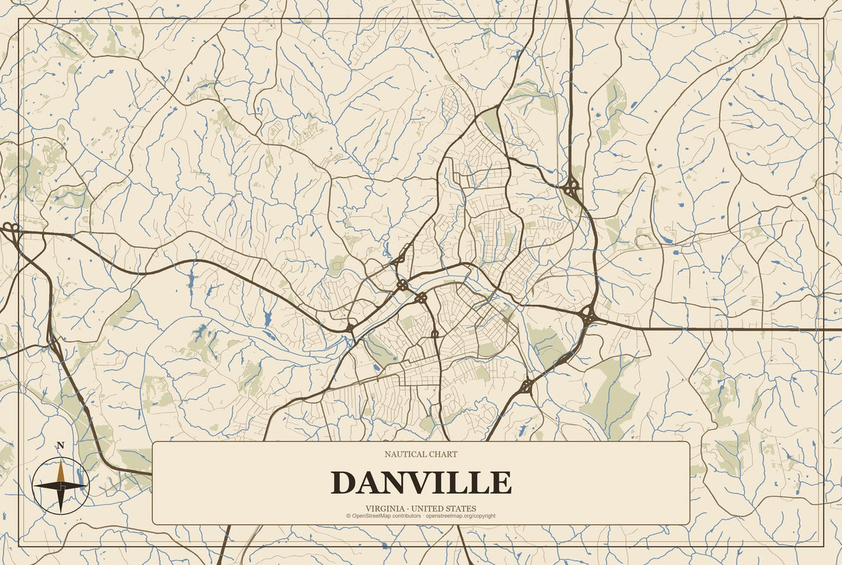 Danville, Virginia City Map Aluminum Sign in Heritage Nautical style