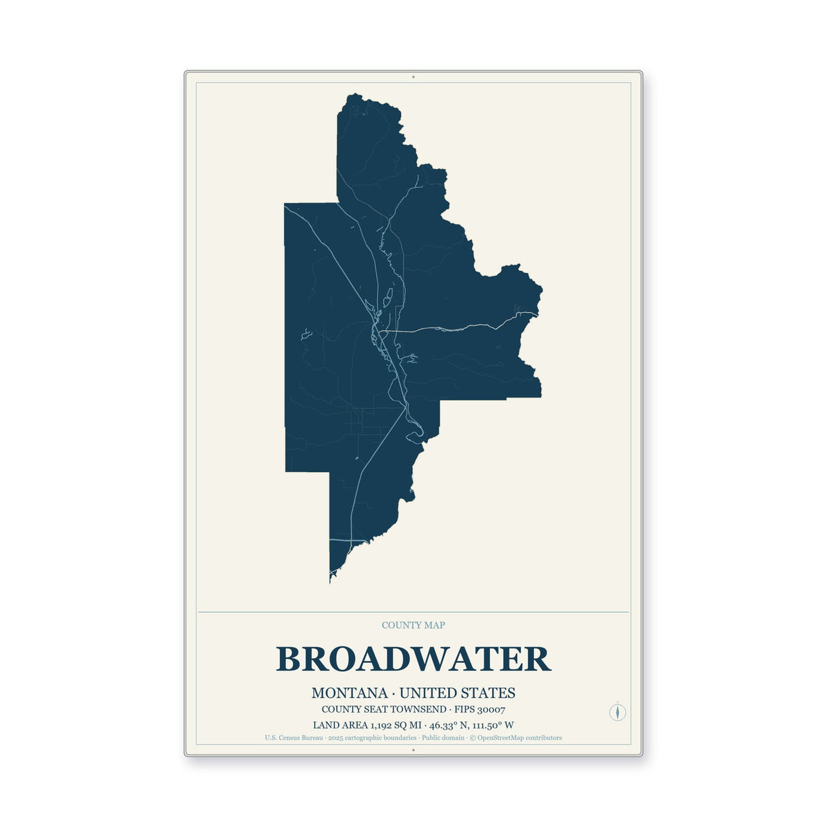 Broadwater County, Montana Map Aluminum Sign in Coastal Cutout style