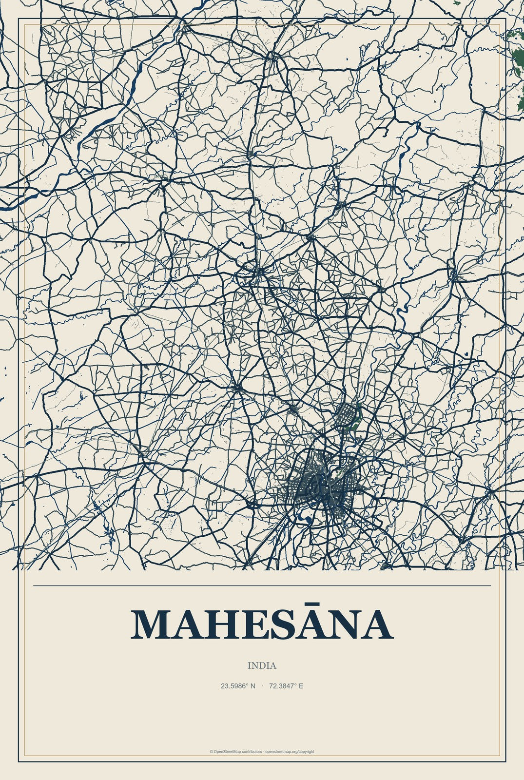 Mahesāna, India City Map Aluminum Sign in Coastal Cutout style
