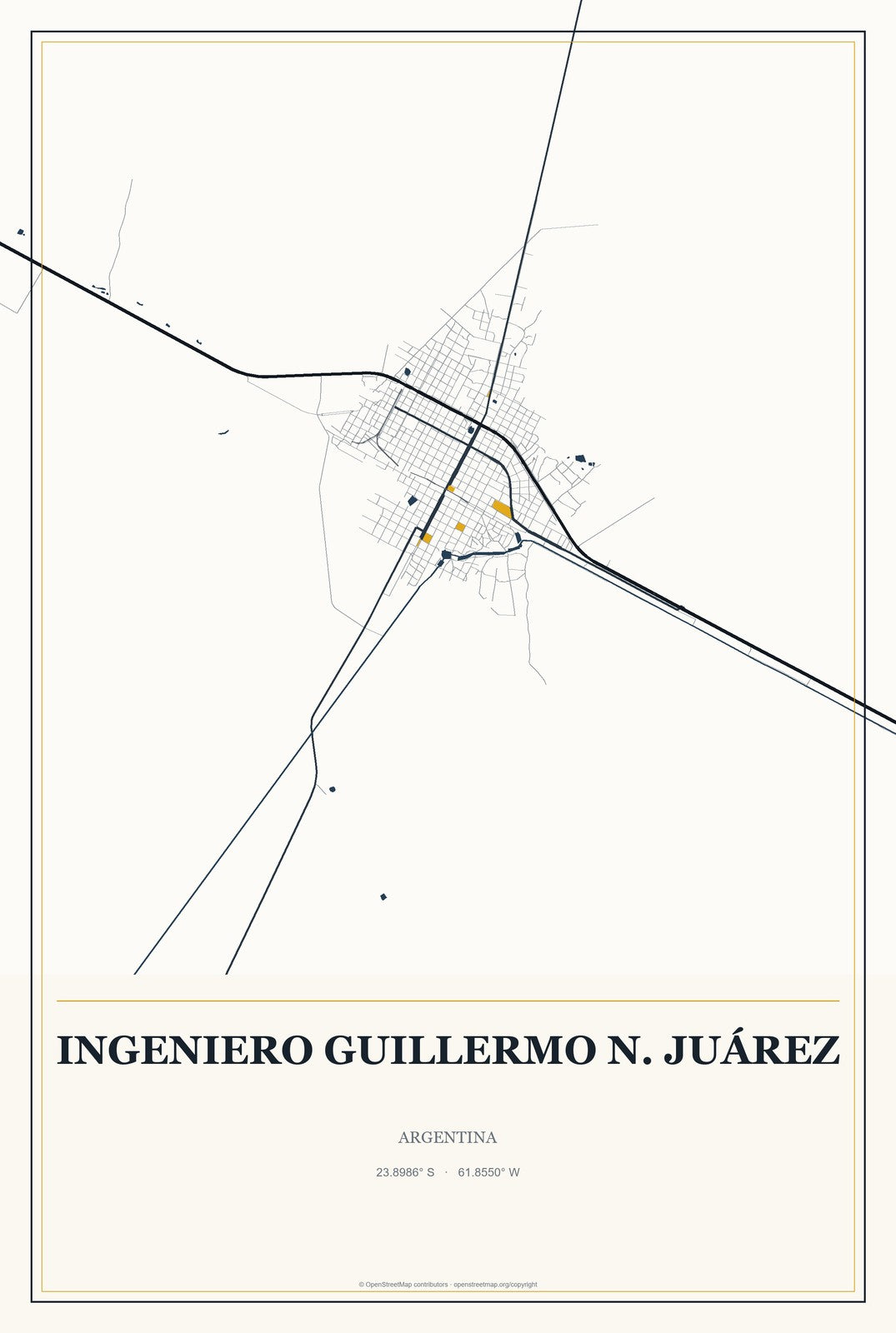 Ingeniero Guillermo N. Juárez, Argentina City Map Aluminum Sign in Citrine Modern style