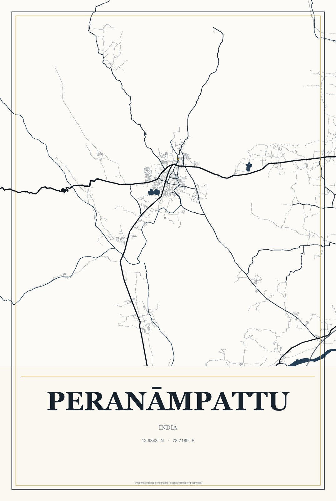 Peranāmpattu, India City Map Aluminum Sign in Citrine Modern style