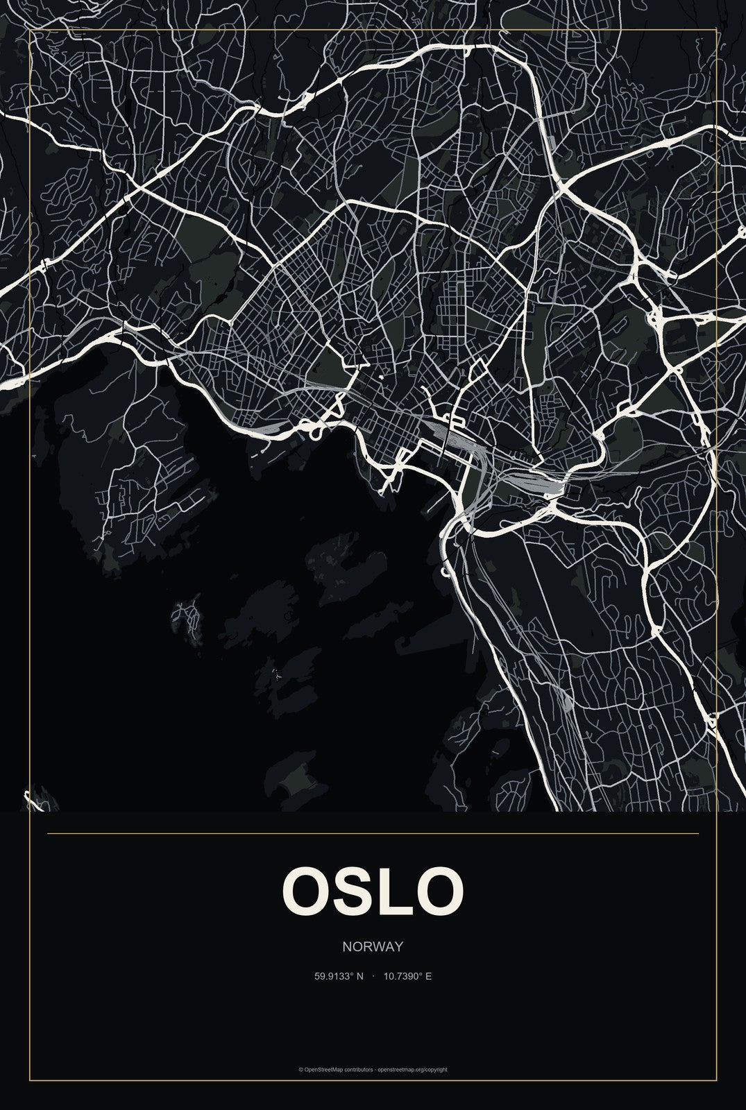 Oslo, Norway City Map Aluminum Sign in Metropolitan Noir style