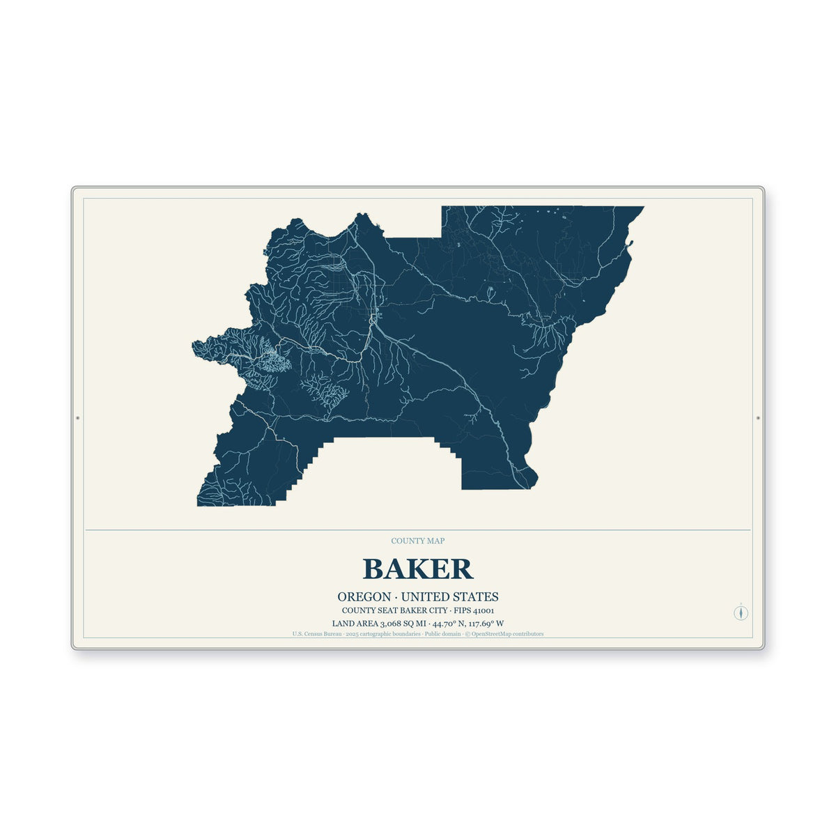 Baker County, Oregon Map Aluminum Sign in Coastal Cutout style