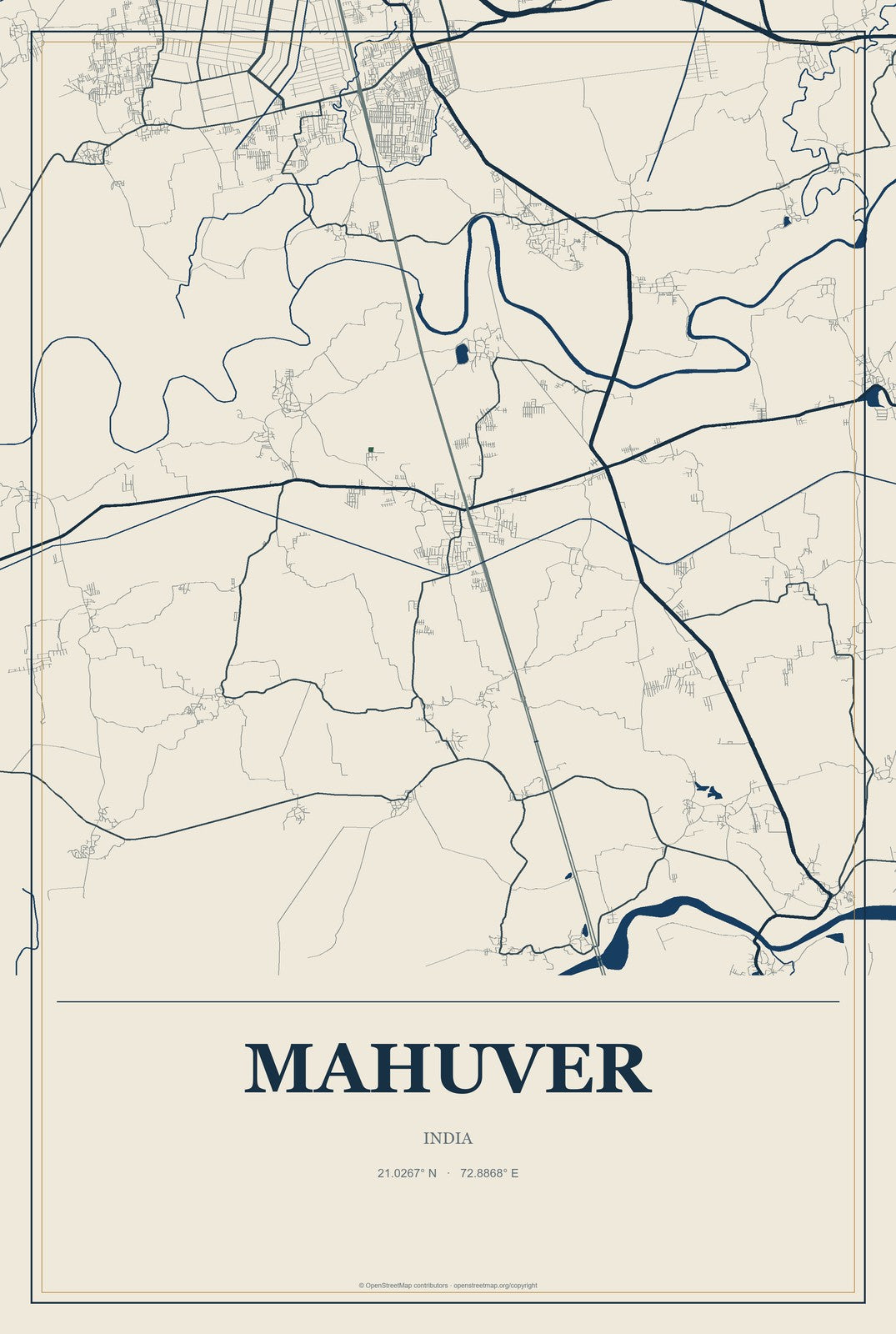 Mahuver, India City Map Aluminum Sign in Coastal Cutout style