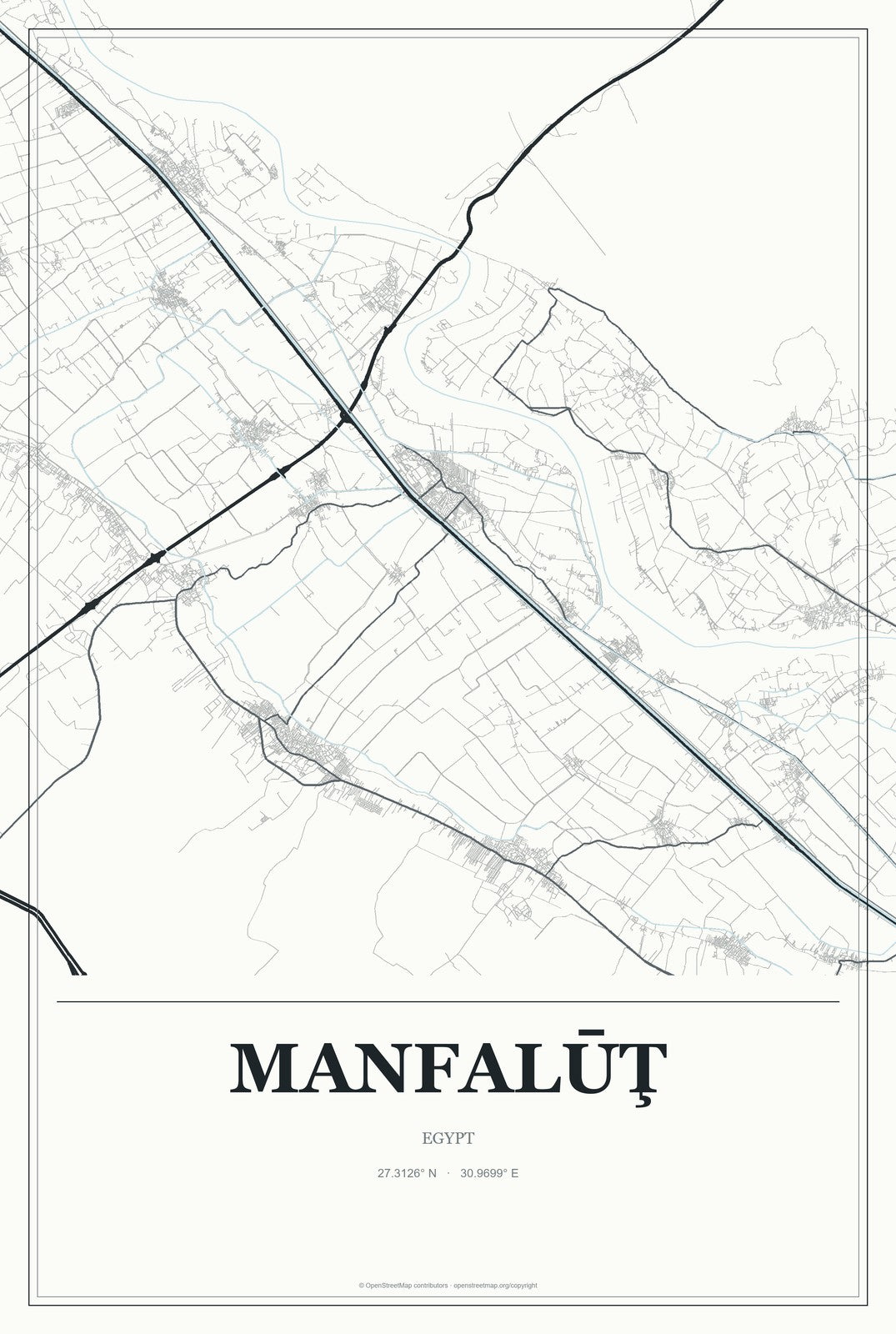 Manfalūţ, Egypt City Map Aluminum Sign in Gallery Air style