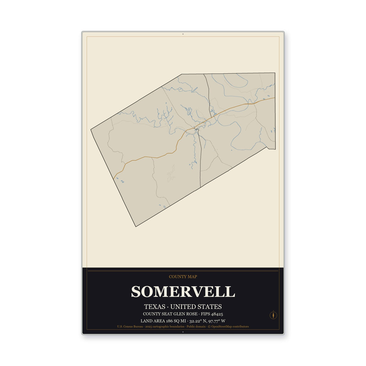 Somervell County, Texas Map Aluminum Sign in Museum Plaque style