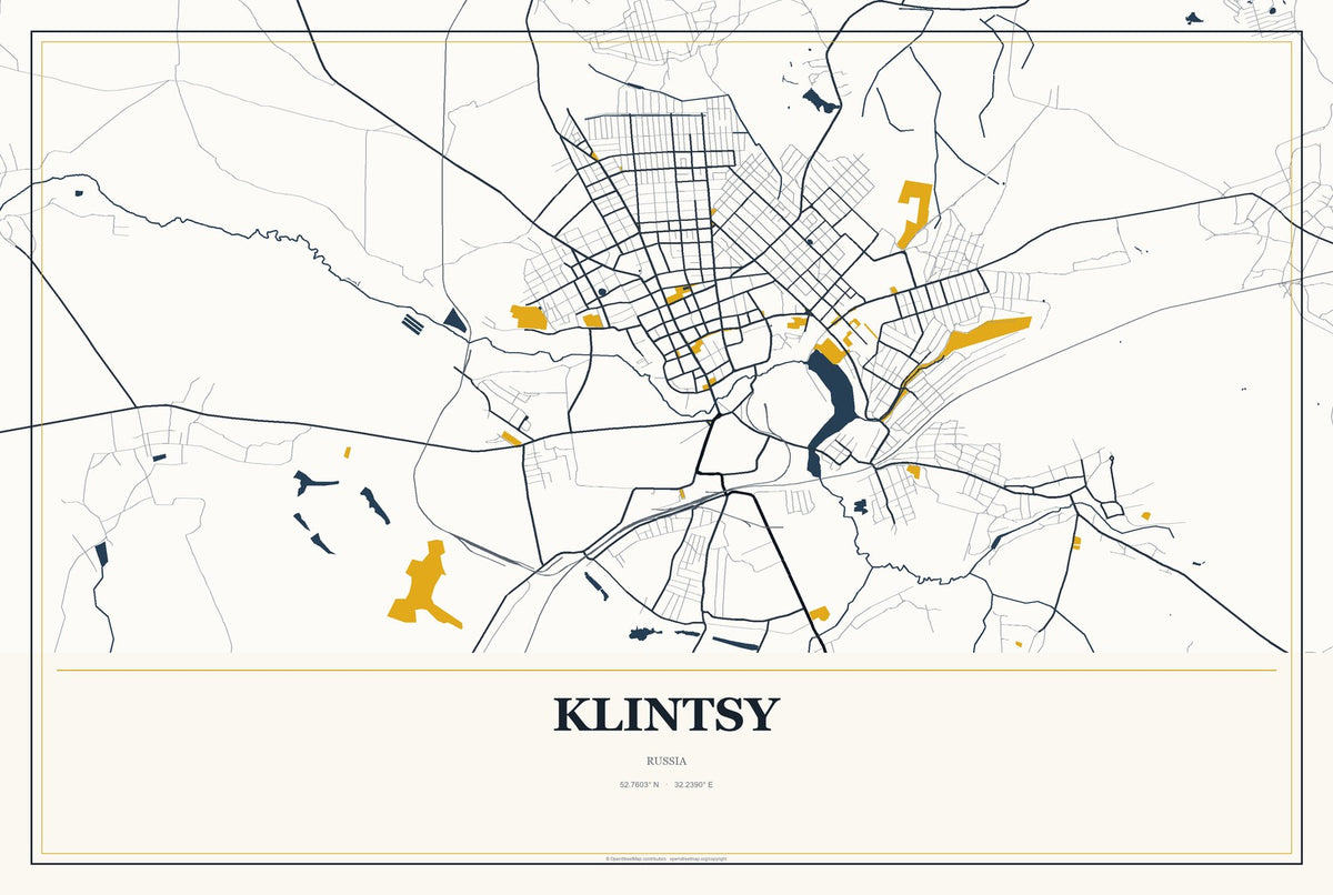 Klintsy, Russia City Map Aluminum Sign in Citrine Modern style
