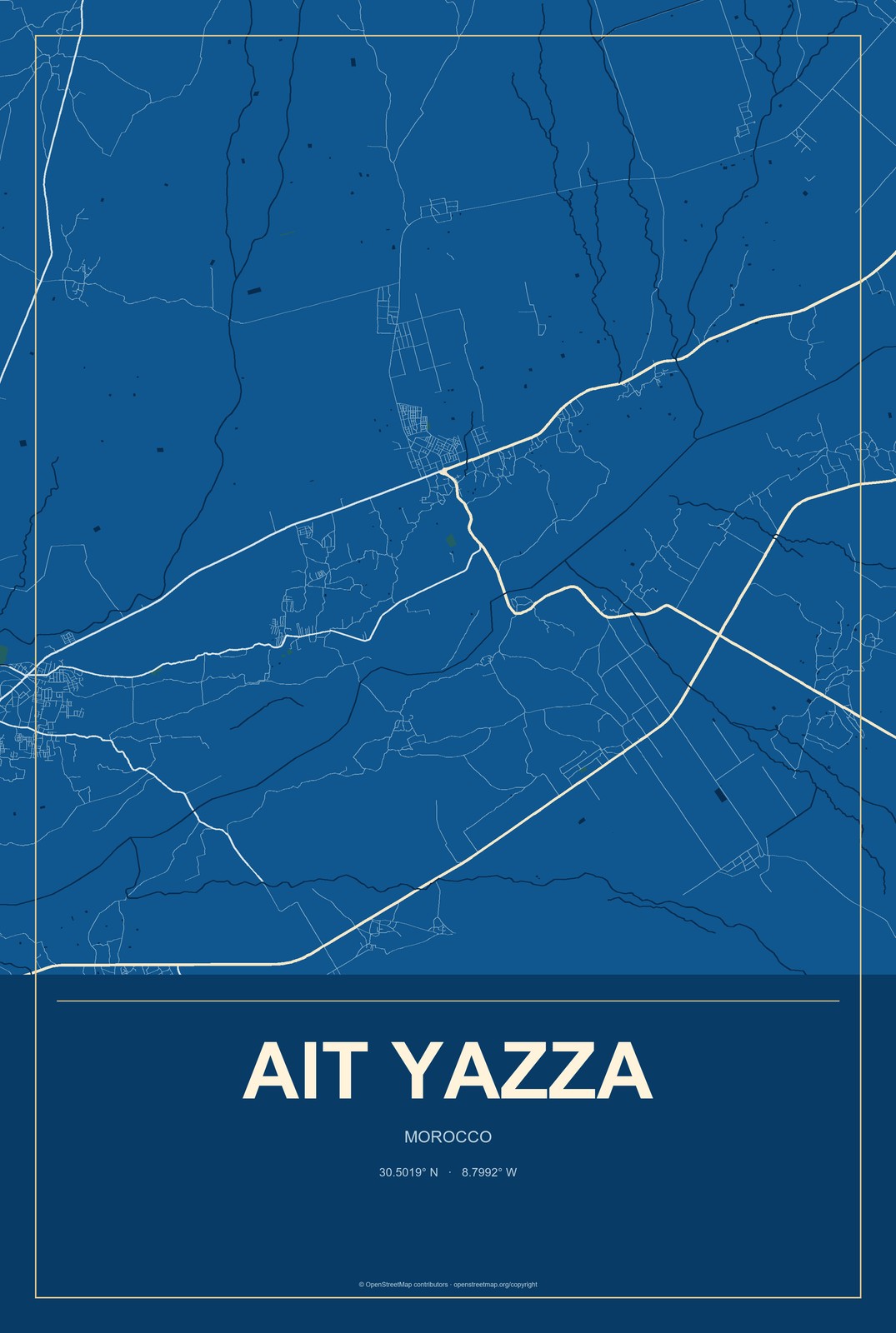 Ait Yazza, Morocco City Map Aluminum Sign in Harbor Cobalt style