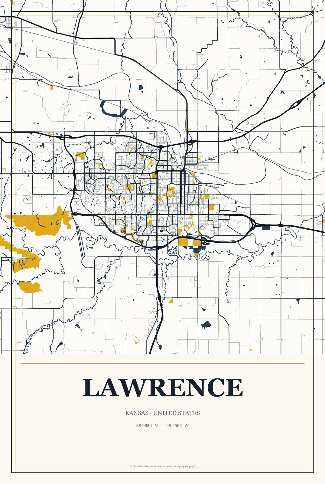Lawrence, Kansas City Map Aluminum Sign in Citrine Modern style