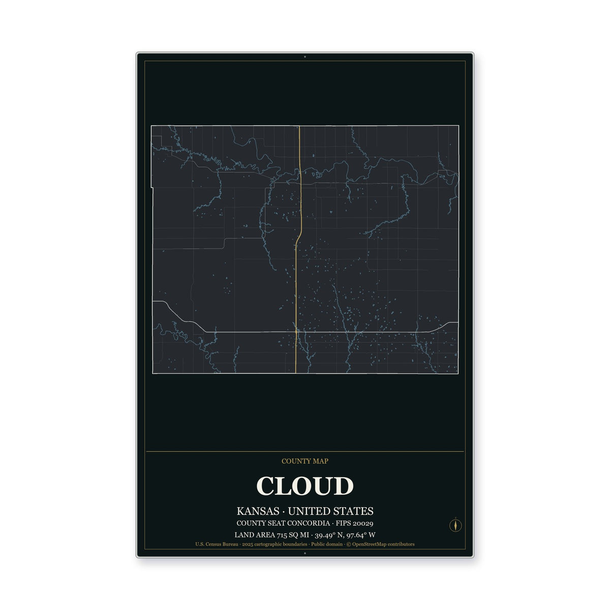 Cloud County, Kansas Map Aluminum Sign in Metropolitan Noir style