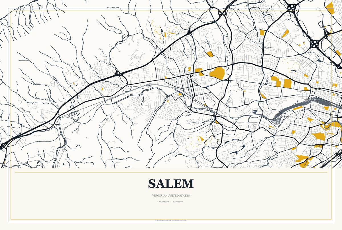 Salem, Virginia City Map Aluminum Sign in Citrine Modern style